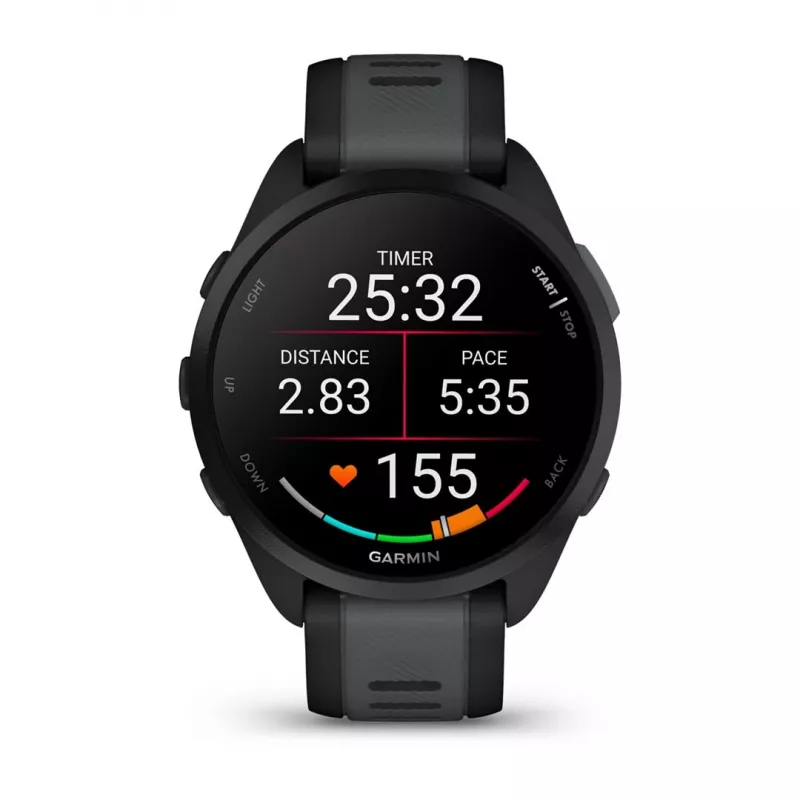 Garmin Forerunner 165 Music – juodas sportinis laikrodis su silikoniniu dirželiu, pilkai šiferio spalvos, 1,2 colio ekranas, 126–203 mm riešo apimtis (010-02863-30)
