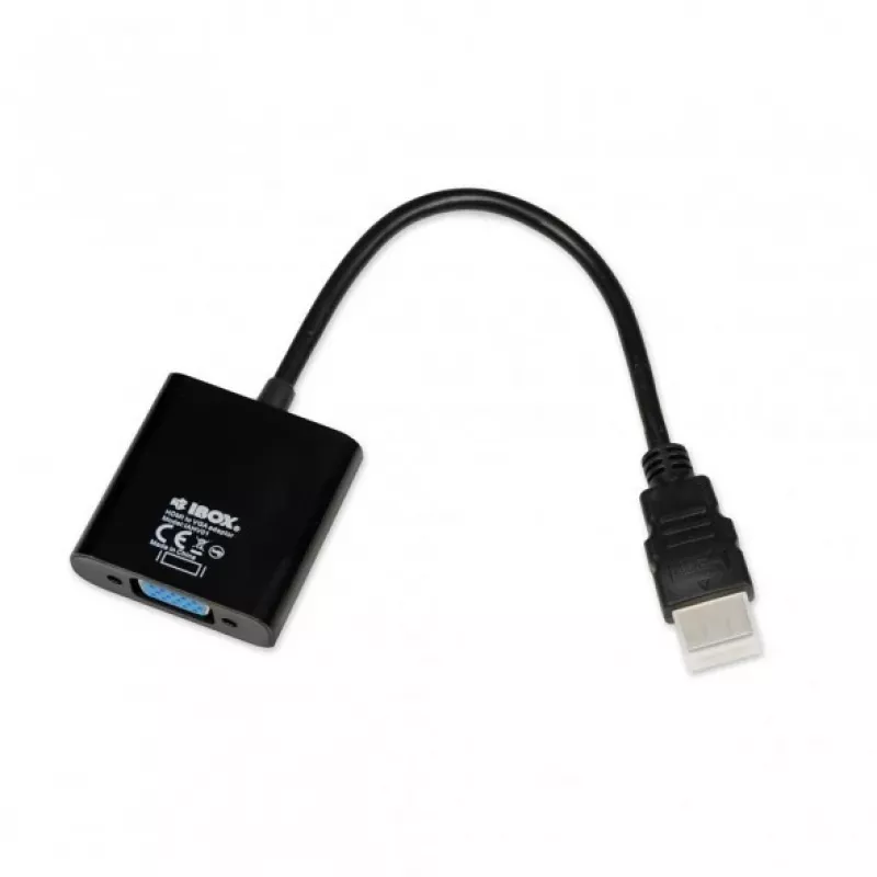 Kabelio adapteris IBOX HDMI A tipas (vyras) į VGA D-Sub (moteris), 1080p, juodas, 105×25×20 mm