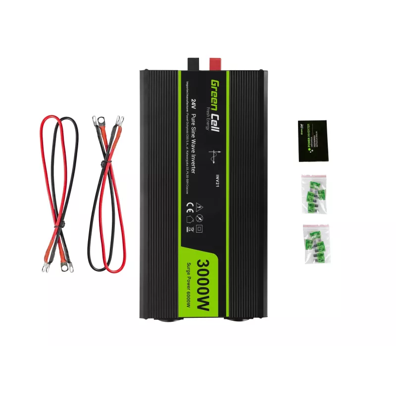 Automobilinis keitiklis Green Cell INV21 6000 W, 24V DC į AC, 230V išėjimas, 2x USB PD, aktyvus aušinimas, nuimamos DC jungtys, juodas