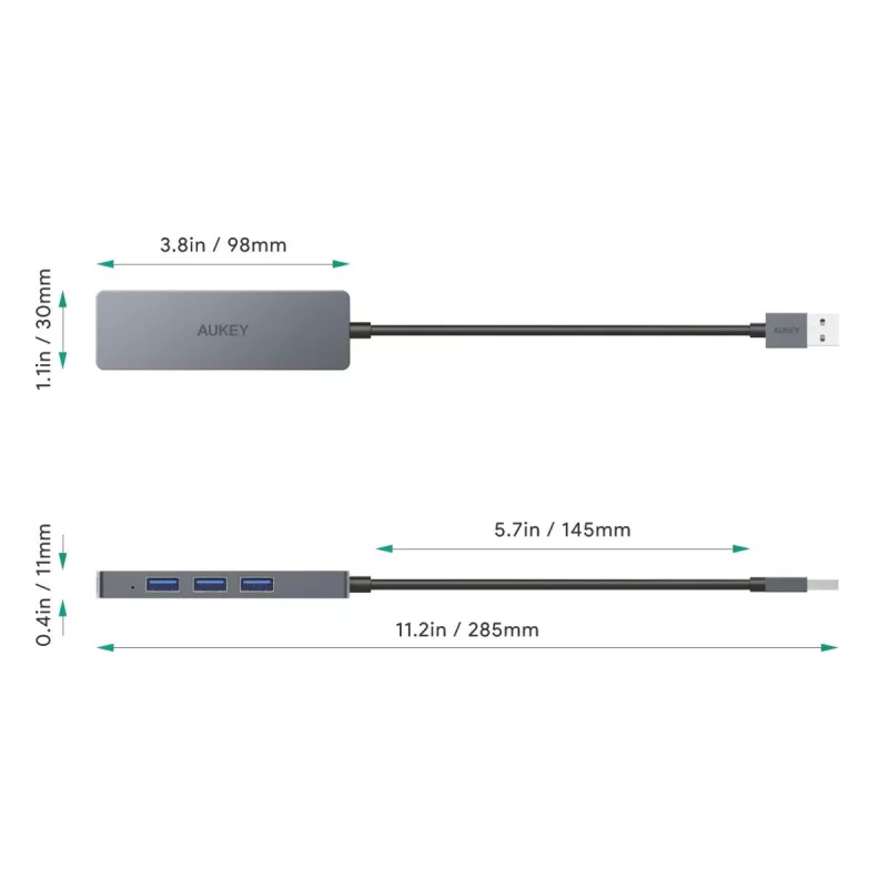 USB šakotuvas Aukey CB-H36 – 4 prievadai USB 3.2 Gen 1 Type-A, pagrindinis USB 2.0, 5000 Mbit/s, aliuminis sidabrinis