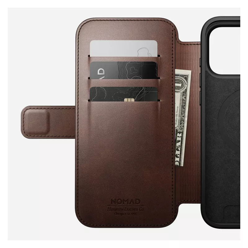 Nomad Modern Leather Folio dėklas iPhone 17 Pro Max — Ruda oda, 6,3 colio ekranas, 4 kortelių kišenės