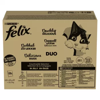 Šlapias kačių ėdalas Purina Nestlé Felix Fantastic Duo Mix Countryside 120 x 85 g pakeliai, suaugusioms katėms, 11,5% baltymų, 82% drėgmės