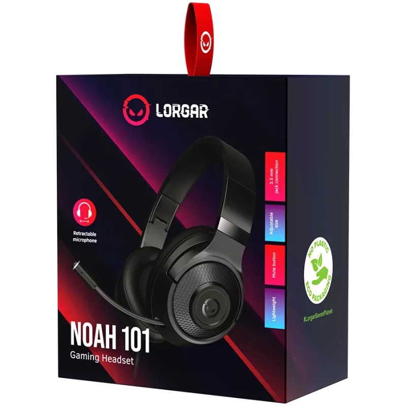 LORGAR Noah 101, žaidimų ausinės su mikrofonu, 3,5 mm lizdas, 2 m laidas, sulankstomos, PU odos pagalvėlės, juodos