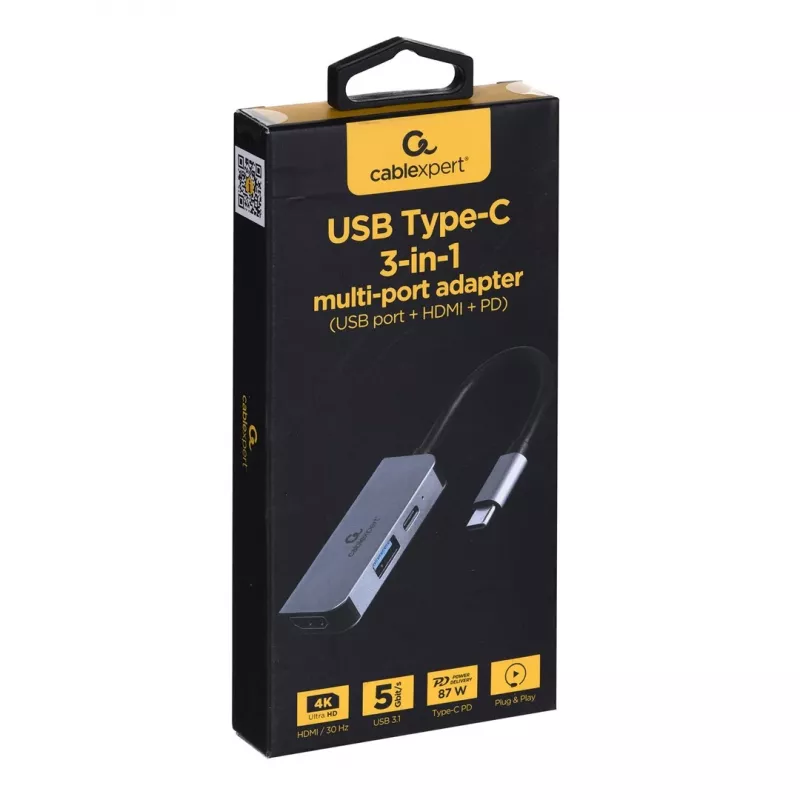 Gembird A-CM-COMBO3-02 USB-C 3 viename daugiaporčio adapteris, USB 3.2 Gen 1 šakotuvas, HDMI 4K, USB-C PD 87 W, sidabrinis