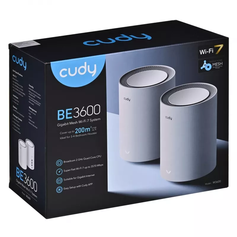 Cudy M3600 dviejų juostų Wi‑Fi 7 tinklo rinkinys (2 vnt.) 2882 Mbit/s, 3x LAN, 512 MB RAM, 2 GHz procesorius