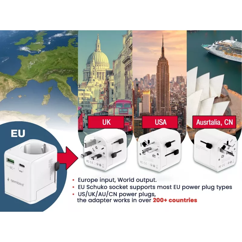 Kelioninis maitinimo adapteris GEMBIRD TPA-EU1A1C20-01-W 20W, USB-A 18W + USB-C 20W, Schuko kištukas, įėjimas 100–250V