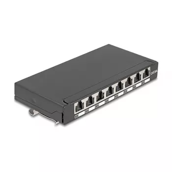 Patch panel DELOCK Mini Desktop RJ45 8 prievadų Cat.6A ekranuotas juodas ant stalo, sienos ar DIN bėgio