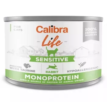 Šlapias kačių maistas Calibra Cat Life Sensitive Rabbit 200 g skardinė, suaugusioms katėms, pilnavertis pašaras, be glitimo, be cukraus