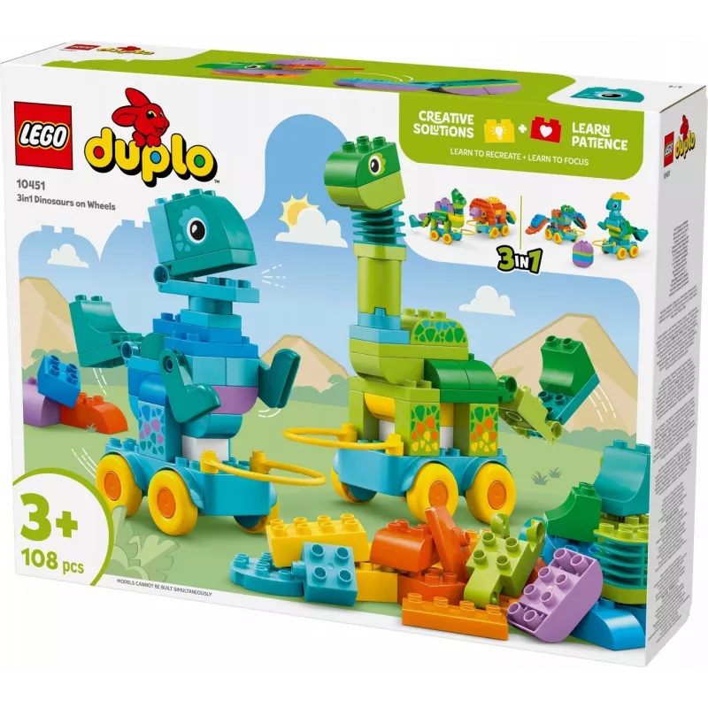 Konstruktorius LEGO DUPLO 10451 Dinozaurai ant ratų 3-in-1 rinkinys, 108 dalių, nuo 3 metų, aukštis 220 mm