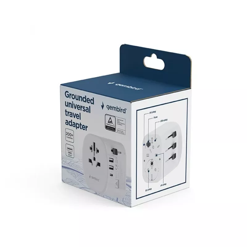 Kelioninis adapteris GEMBIRD TPA-EU2A1C15-01-W — 15W, kištukas E tipas, 2× USB-A + 1× USB-C, 100–250V