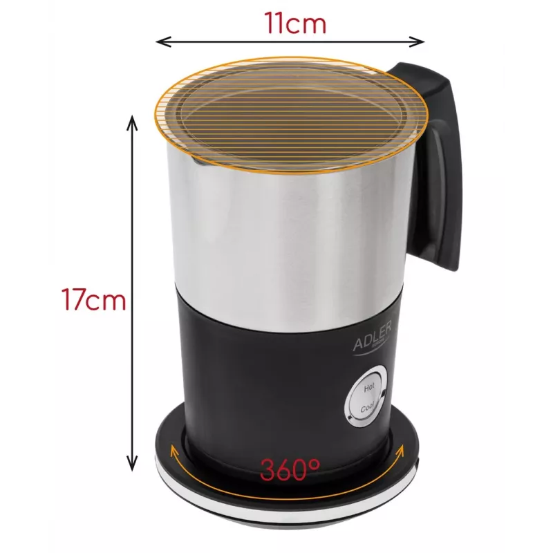 Automatinis pieno putos plaktuvas Adler AD 4497 — nerūdijantis plienas, 600W, putos 120 ml / šildymas 300 ml, karštas ir šaltas
