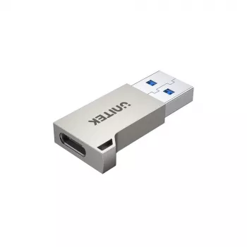 USB-A (vyriškas) į USB-C (moterišką) adapteris Unitek A1034NI, sidabrinis, USB 2.0/3.2 Gen1, iki 5 Gbit/s, cinko korpusas, 36×16,7×5,7 mm