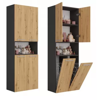 Vonios spintelė Top e Shop NEL 2K DK ANT/ART KP Graphite/Oak, laisvai pastatoma, 600×300×1740 mm, 3 lentynos
