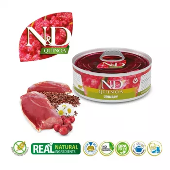 Šlapias kačių ėdalas Farmina N&D Quinoa Urinary Adult pakuotė 80 g – Antiena, be grūdų, šlapimo takų sveikatai