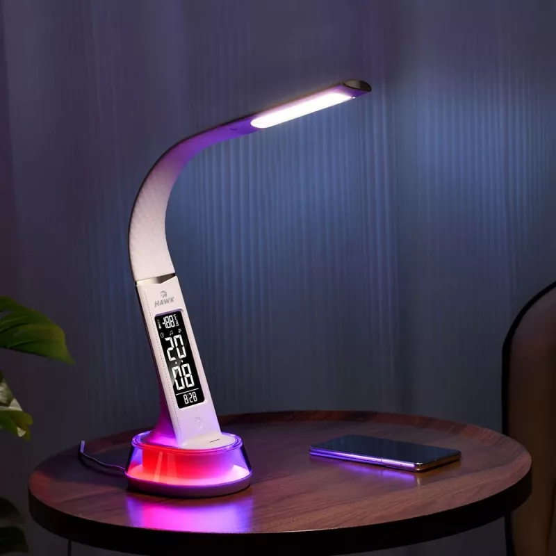 Stalinė LED lempa Hawk HW-LAMP05 balta, reguliuojama, su laikrodžiu ir RGB apšvietimu