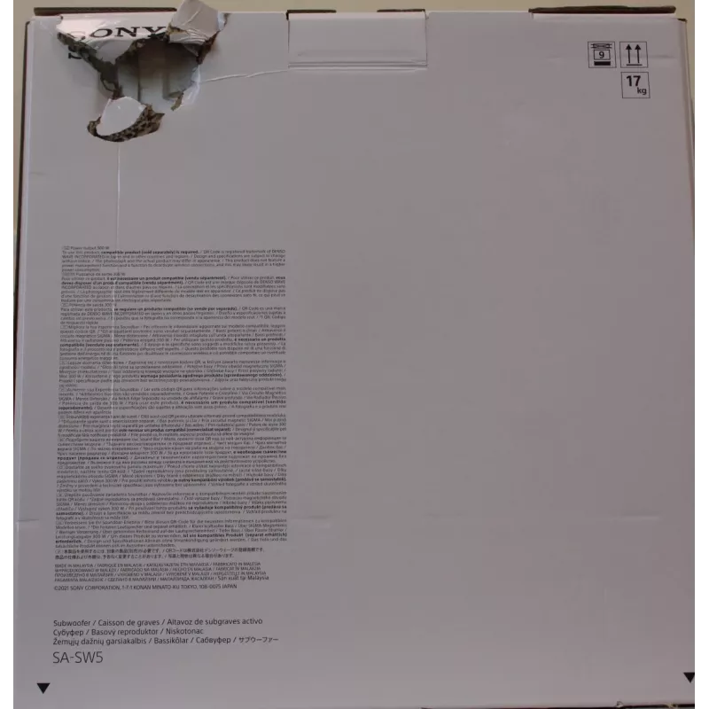 Belaidis žemų dažnių garsiakalbis Sony SA-SW5 300 W, 2 Ω, nešiojamas, juodas – HT-A9 / A7000 sistemoms (pažeista pakuotė)