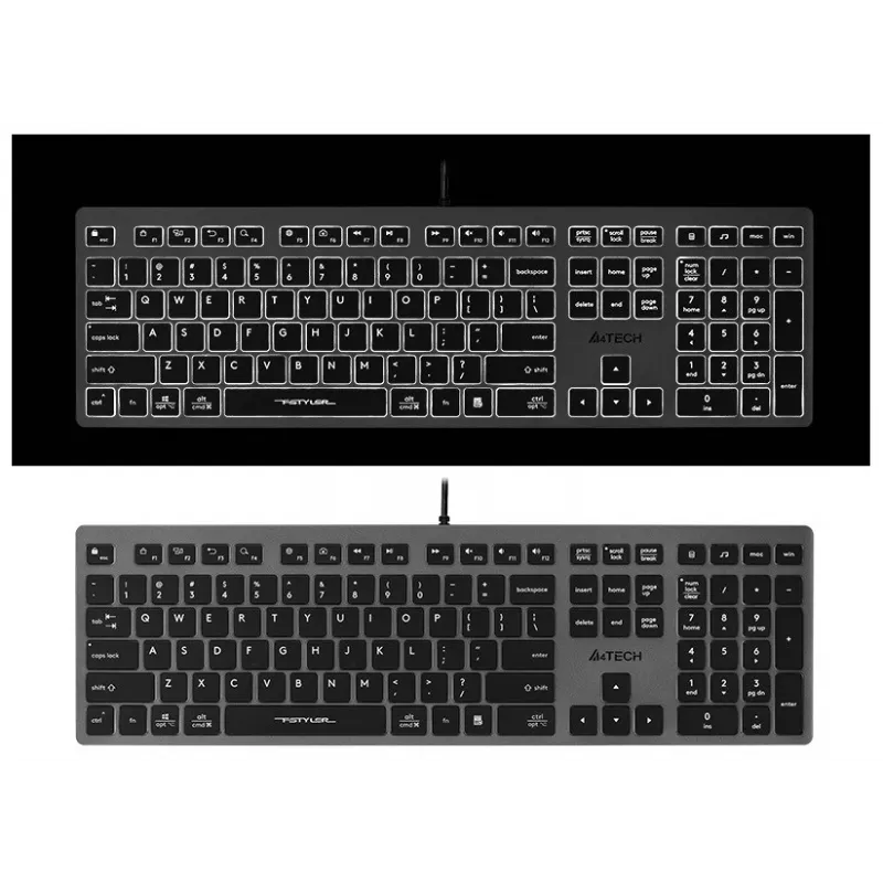 Laidinė klaviatūra A4Tech FX60H USB QWERTY – pilno dydžio 100%, baltas foninis apšvietimas, pilka, USB stotelė
