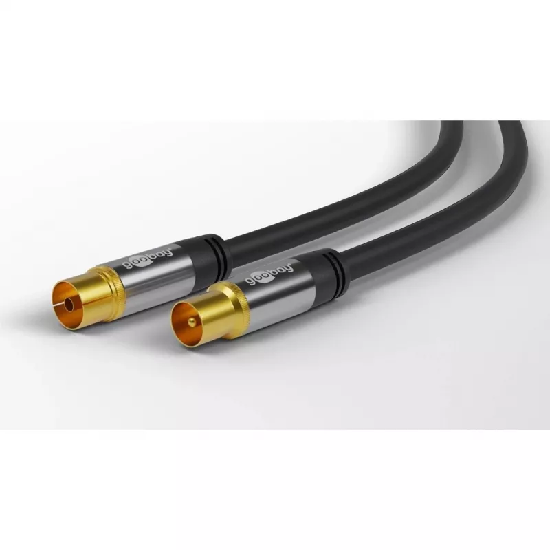 Goobay TV antenos laidas (135 dB tipas), 4 kartus ekranuotas, 2 m, juodas – auksuotas, koaksialinis lizdas > koaksialinis kištukas (70367)