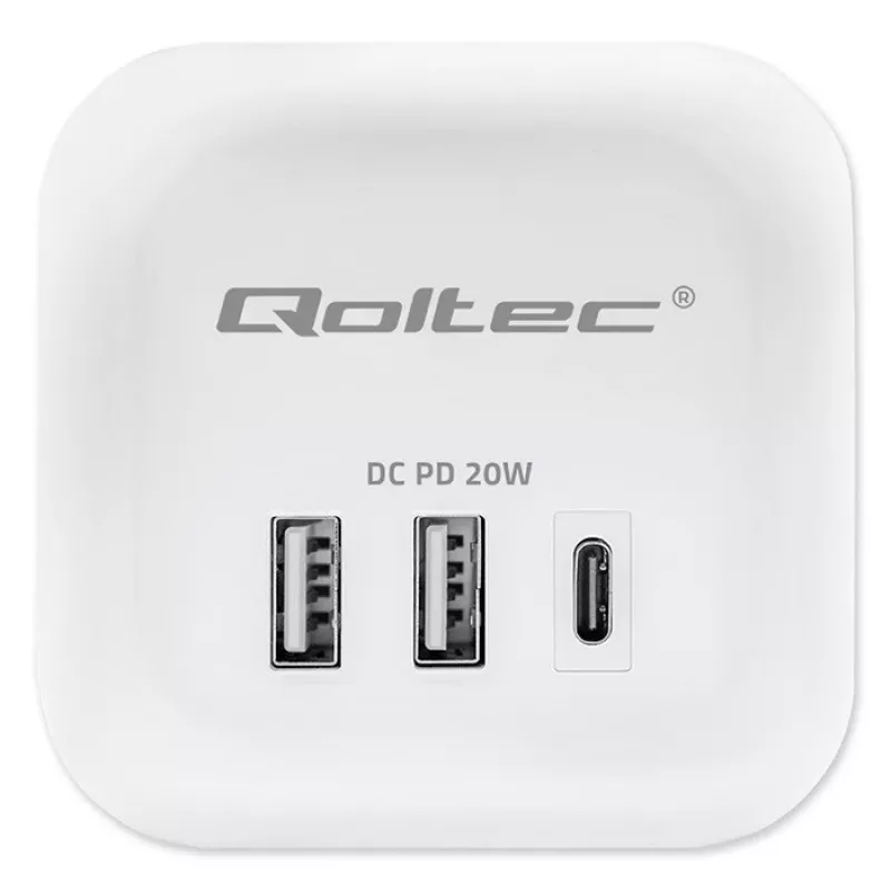 Power Cube QOLTEC 52547 ilgintuvas 3×AC lizdai, 2×USB-A, 1×USB-C PD 20W
