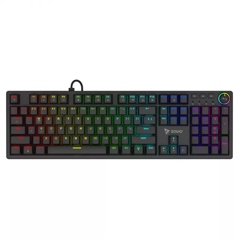 Žaidimų klaviatūra SAVIO STYX BROWN – mechaninė su Outemu Brown jungikliais, QZERTY US International, RGB, USB, pilno dydžio 104 klavišai, juoda