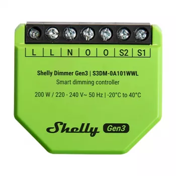 Įmontuojamas reguliatorius Shelly Dimmer Gen3 — LED iki 150 W, halogenas iki 200 W, 220–240 V, belaidis, juoda/žalia
