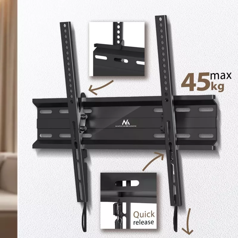 Sieninis TV laikiklis MACLEAN MC-748A VESA 100x100–400x400 mm, pasvirimas, juodas, iki 45 kg