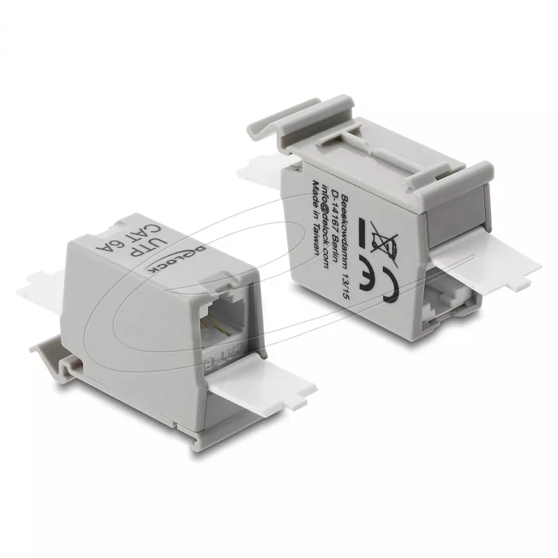RJ45 jungtis DELOCK Cat.6A dviguba lizdas-lizdas montavimui ant DIN bėgio, pilka
