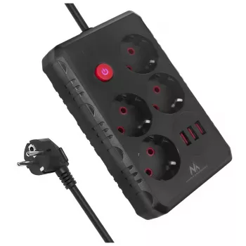 Ilgintuvas MACLEAN MCE392 B – 4 kištukiniai lizdai, 3×USB, 110–240V, 2,1A, 2500W, 1,5 m laidas, juodas