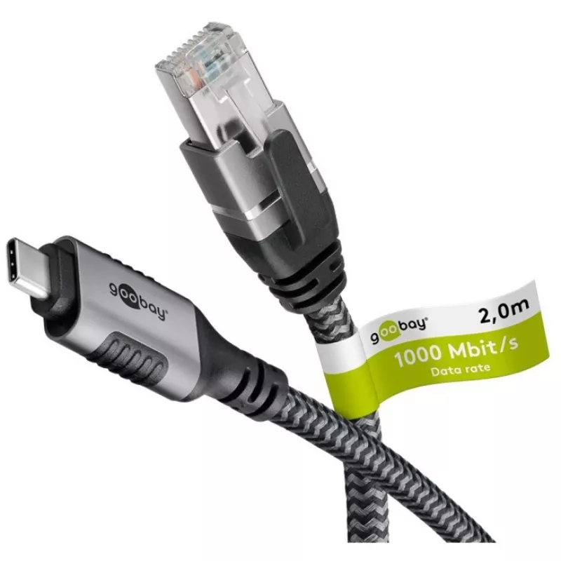 Ethernet laidas USB-C 3.2 Gen2 kištukas > RJ-45 kištukas, LAN adapteris juodas/sidabrinis, 2 metrai, pintas tekstilinis apvalkalas