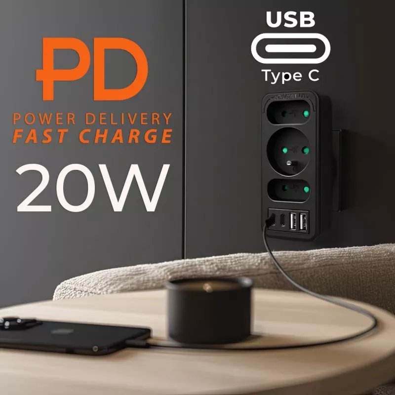 Maitinimo skirstytuvas MACLEAN MCE248 F/B – 3 AC lizdai (1x16A, 2x6A) ir 4 USB prievadai (2xUSB‑A, 2xUSB‑C PD 20W), EU kištukas, juodas