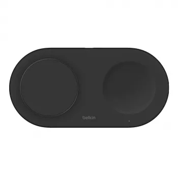 Belkin WIZ021VFBK – 2-in-1 belaidžio įkrovimo padėklas su Qi2 technologija 15 W, juodos spalvos