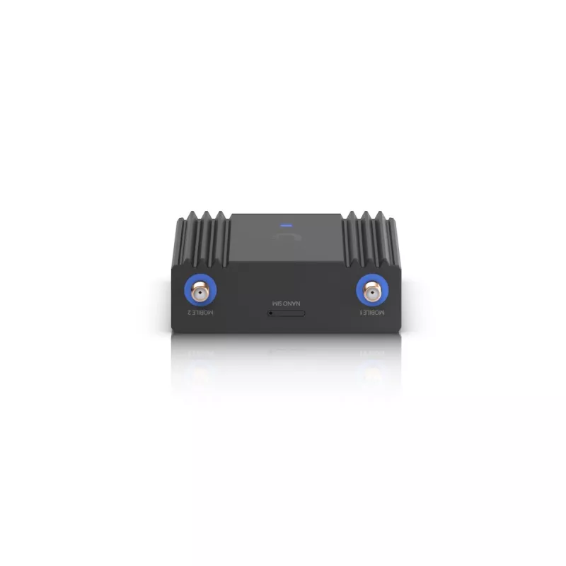 Maršrutizatorius su koriniu ryšiu Ubiquiti UMR-Ultra — 4G LTE, NanoSIM, 2,4 GHz Wi‑Fi (802.11g), 2x RJ‑45, 3 išorinės SMA antenos, 5–30 V DC