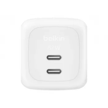 Greitasis AC sieninis įkroviklis Belkin WCH020KQ2MWH-B6 — 2x USB‑C, 2 m integruotas kabelis, baltas