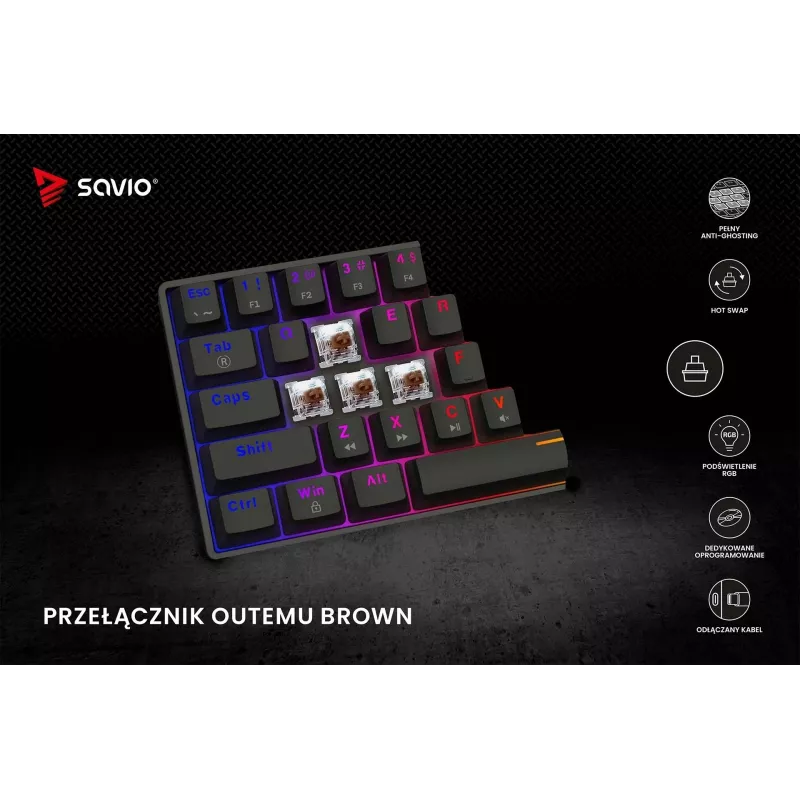 Mechaninė žaidimų klaviatūra SAVIO BLACKOUT X2 BROWN 61 klavišas 60% USB QWERTY RGB Outemu Brown