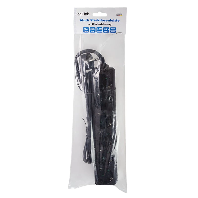 Prailginimo laidas LogiLink LPS238B 1,5 m 6 lizdų juodas