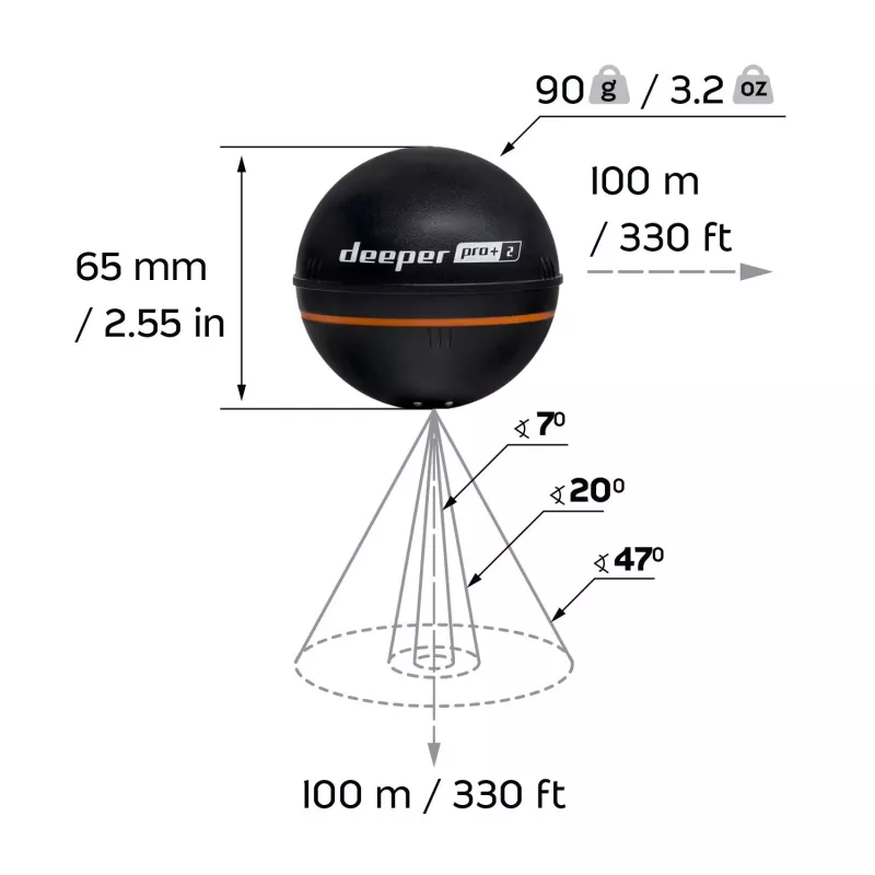 Nešiojamas žuvų ieškiklis Deeper Smart Sonar PRO+ 2, 3 spinduliai, 100 m gylis, 65×65×65 mm, Li‑Ion 950 mAh