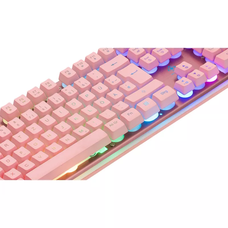 Deltaco GAM-021-RGB-P-DE – pilno dydžio (100%) USB membraninė klaviatūra, QWERTZ išdėstymas, rožinė