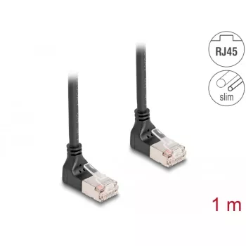 Tinklo kabelis DeLOCK RJ45 Cat.6A S/FTP plonas 90° į viršų 1m juodas