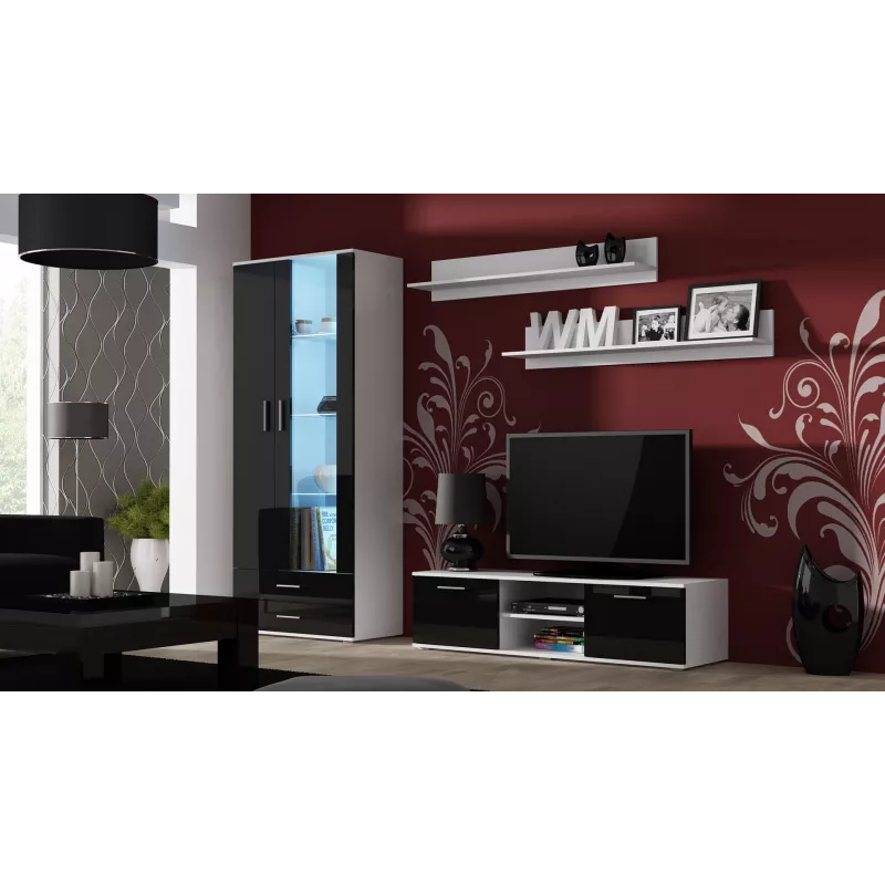 TV stovas Cama Meble SOHO 140 – 1400×430×370 mm, baltas viršus, medžio drožlių plokštė, baltas rėmas, juodi blizgūs fasadai