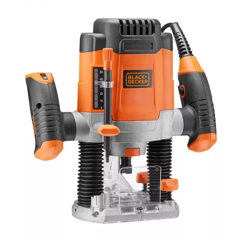Frezeris/Trimeris Black & Decker KW1200EKA-QS – kompaktiškas frezeris su reguliuojamu gyliu, ergonomiškas dizainas