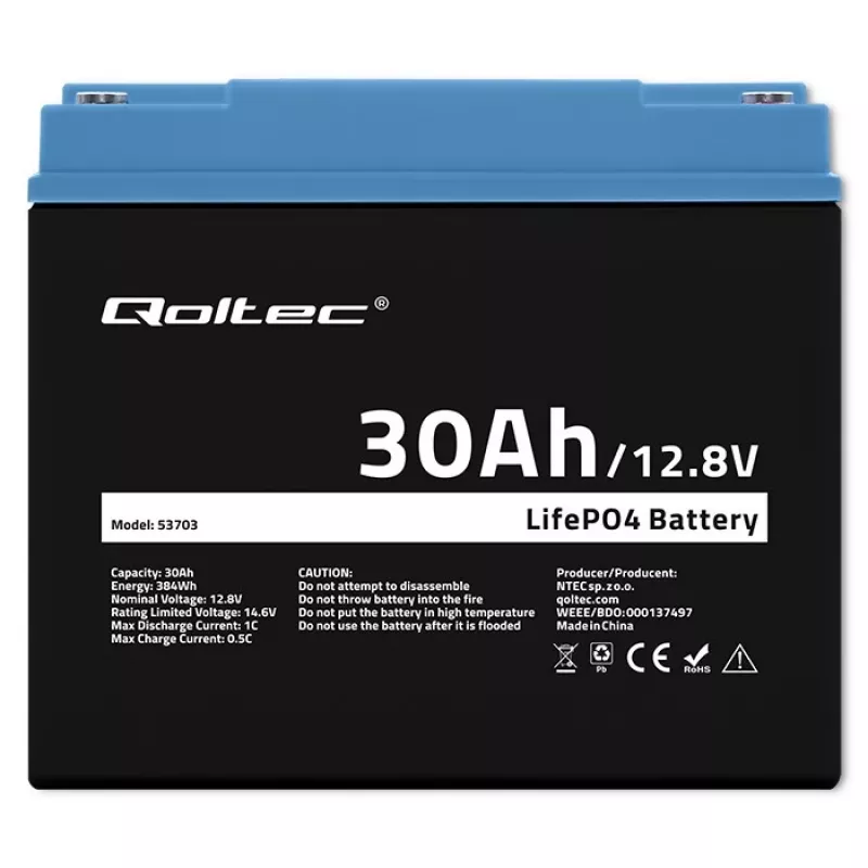 Įkraunama LiFePO4 baterija QOLTEC 12.8V 30Ah 384Wh su BMS