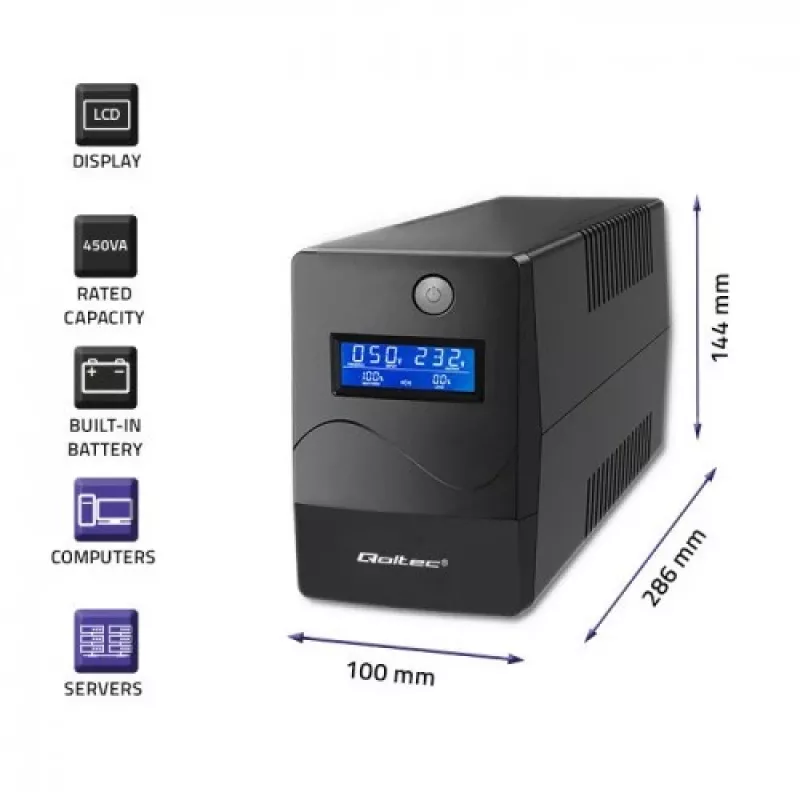 Qoltec Monolith nepertraukiamo maitinimo šaltinis (UPS) Dvigubo keitimo (Online) 1 kVA 600 W 2 AC lizdai