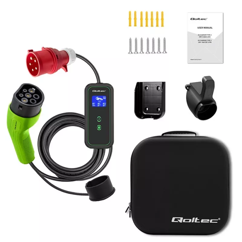 Qoltec Mobilus EV automobilio įkroviklis Reguliuojamas 2in1 Type2 | 11kW | CEE 5 PIN | LCD | 3 fazės | Nešiojamas | Sieninis | 5m