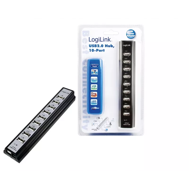 LogiLink UA0096 USB 2.0 šakotuvas, 10 prievadų, 480 Mbit/s, juodas