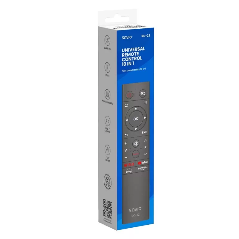 SAVIO TV nuotolinio valdymo pultas RC-22 – IR belaidis universalus, 20 mygtukų, 10 m atstumas, USB‑C, juodas