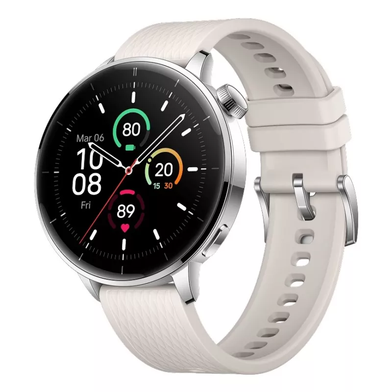 Išmanusis laikrodis ONEPLUS OnePlus Watch 3 43 mm, 1,32 colio AMOLED 466×466, Titanium/Silver, balta guminė juosta, GPS, Wi‑Fi