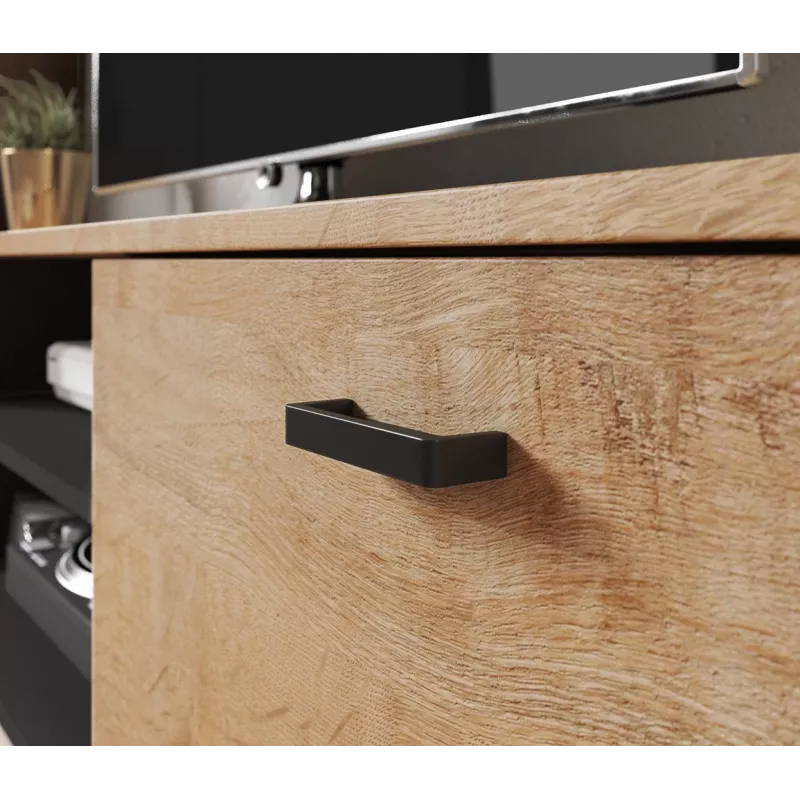 TV stovas Cama Meble SOHO 140, ąžuolas lefkas/juodas, 1400×430×370 mm
