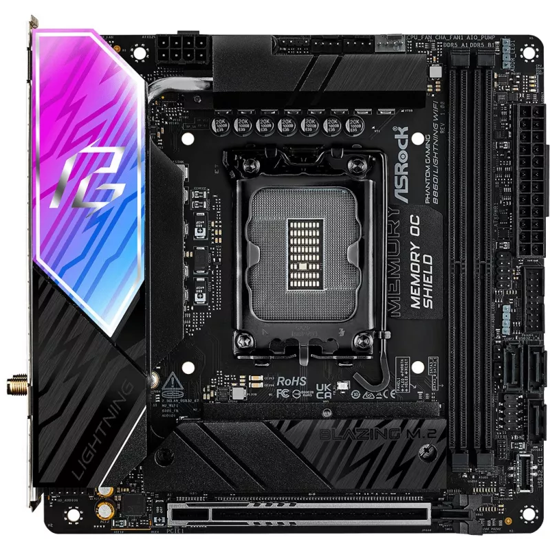 Pagrindinė plokštė ASROCK B860I Lightning WiFi – Intel B860, LGA 1851, Mini-ITX, DDR5, 2x DIMM, 4x M.2, 2.5Gb LAN, Wi‑Fi 6E, Bluetooth 5.3