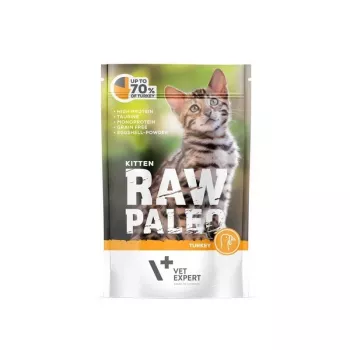 Šlapias kačių ėdalas VETEXPERT RAW PALEO Kitten Turkey 100 g – monoproteininis, 79% drėgmės, 10,3% baltymų