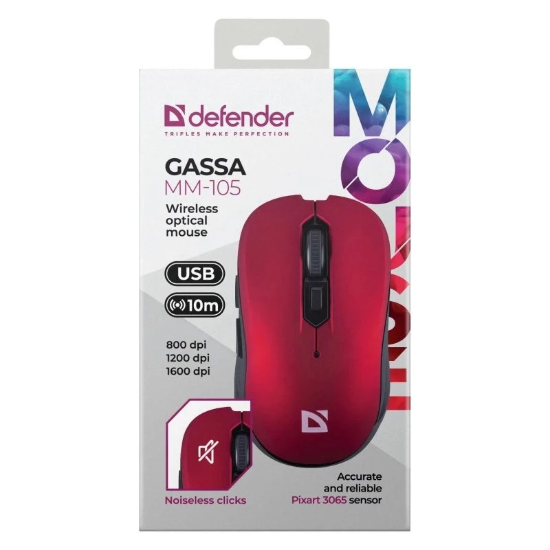 Belaidė RF tylioji pelė DEFENDER Gassa MM-105 – ambidekstrinė, 1600 DPI, 2,4 GHz, nano USB imtuvas